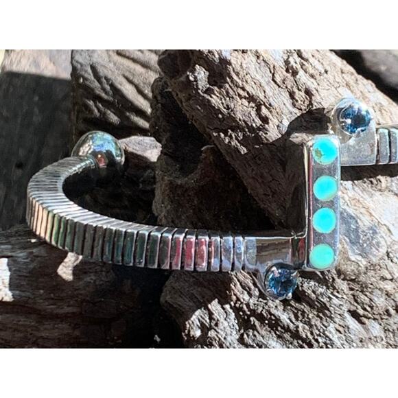 Navajo Artist Herbert Joe SS, Turquoise and Gemstone Cuff - Picture 7 of 8